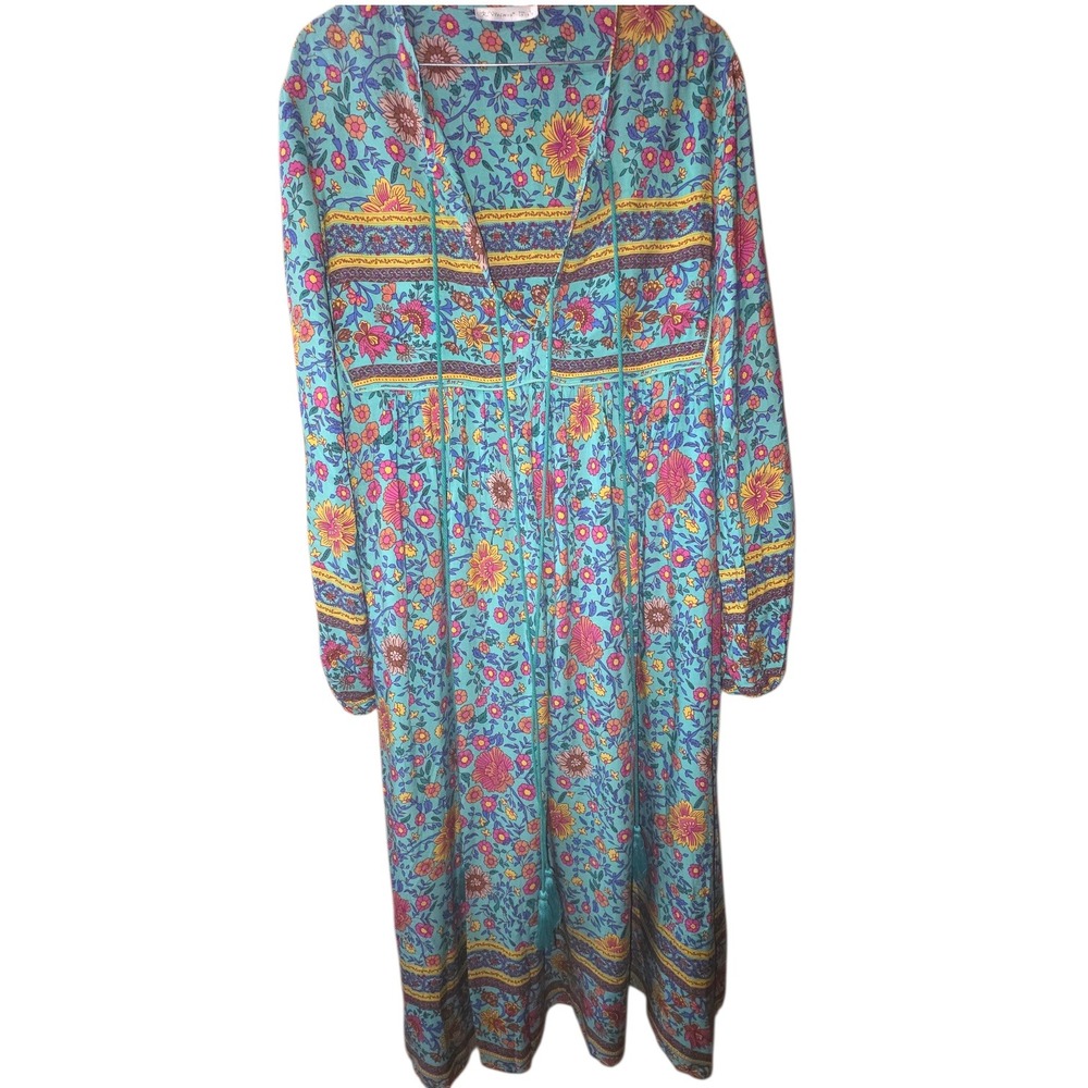 R Vivimos Bohemian Floral Maxi Dress Teal Pink Yellow Long Sleeve Size S 4 6